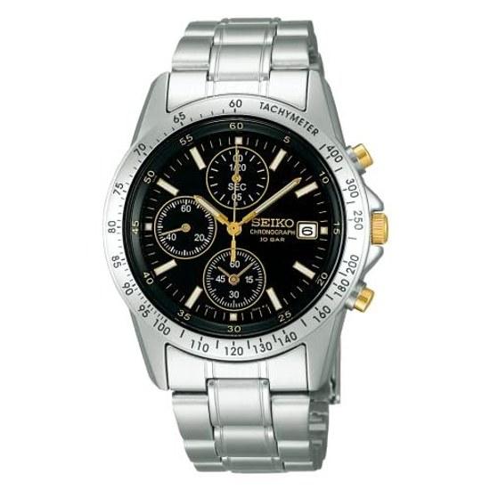 SEIKO SELECTION SBTQ043 mens wristwatch battery-operated quartz chronograph function black gold dial date calendar stainless steel 10 ATM water