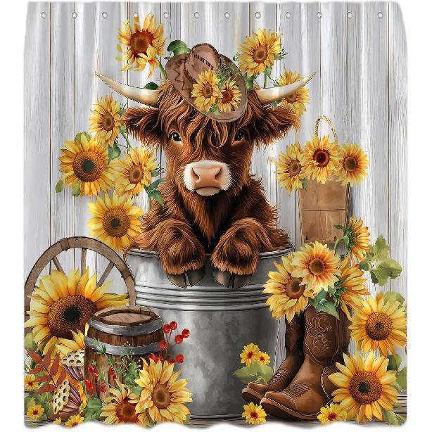 Cute Highland Cow Shower Curtain Farmhouse Rustic Sunflower Cattle Wooden Western Cowboy Shoes Funny Bull In Bucket Floral Country Fabric Bathroom