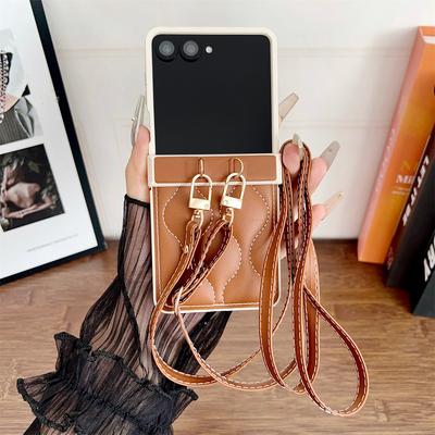Leather Crossbody Lanyard Rope Phone Case for Samsung Galaxy Z Flip 3 4 5 6 7 Flip7 FE ZFlip7 Flip6 Shockproof Protective Cover