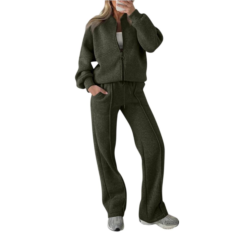Women's Fashion Two-piece Solid Color Long-sleeved And Zipped Sweatshirt Trousers Casual Set