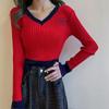 Women's V-neck Sweater Spring Autumn Long-sleeved Knitted Cropped Top Sweater Color-block Pullover Jumper