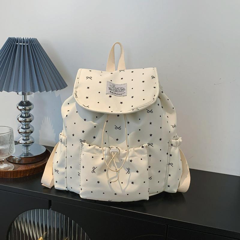 Schoolbag Bow Polka Dot Drawstring Alphabet Backpack Female College Style College Student School Bag Niche Leisure Travel Backpack