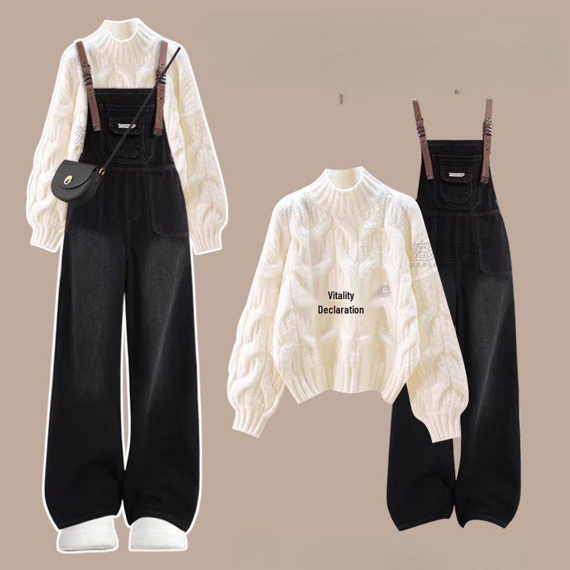 Winter 2025 Women's Plus Size Cable Knit Sweater & Denim Overalls Set