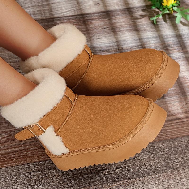 Fashion Fashion Platform Cotton Shoes Winter New Round Toe Suede Metal Buckle Warm Flat Snow Boots