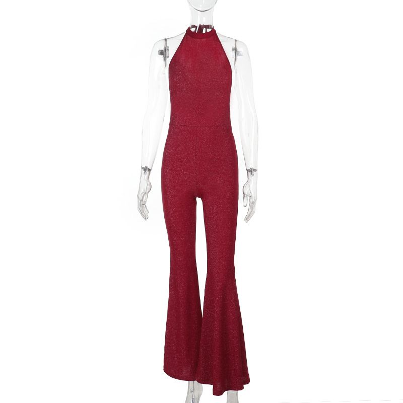 

Outfitgirl Thin Shiny Silk round Neck Sleeveless Micro-Pull Jumpsuit American Sexy Bar Music Festival Jumpsuit Red L