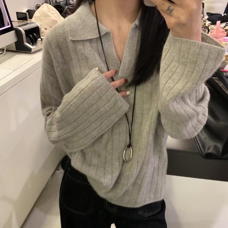 French Cashmere Lapel Knit Sweater - Women's Loose Fit, Autumn/Winter Thickened Base Layer