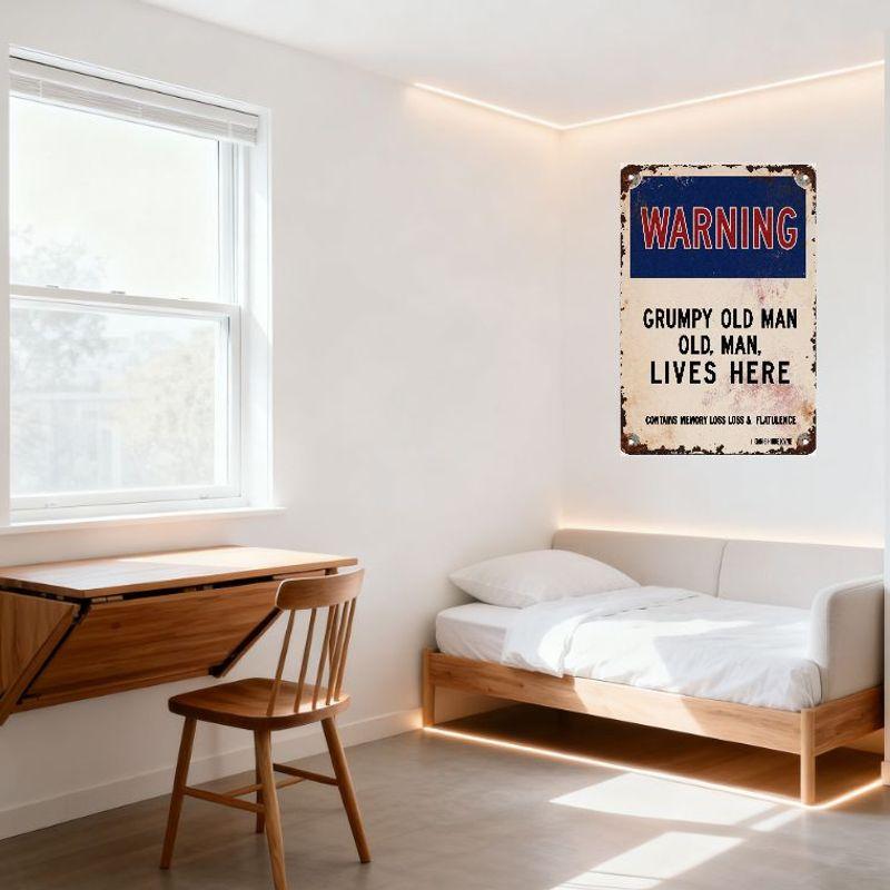 Vintage Grumpy Old Man Warning Metal Tin Sign - Distressed Rusty Blue White Warning Plaque with 'MEMORY LOSS & FLATULENCE' for M