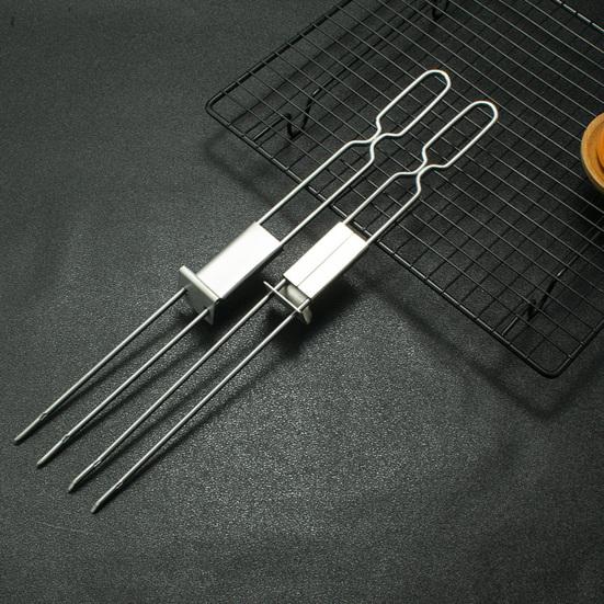 Heat Resistance Stainless Steel Double-Ended BBQ Fork Semi-automatic Design Reusable Barbecue Supply