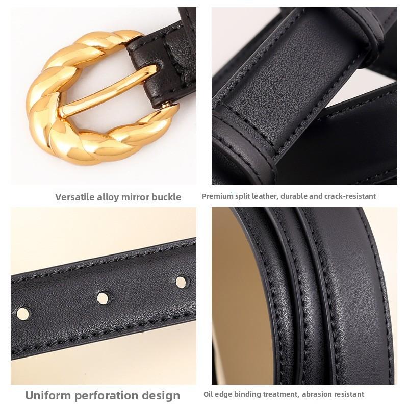 Genuine Leather Vintage Womens Belt With Twist Pattern Pin Buckle For Casual And Office Wear