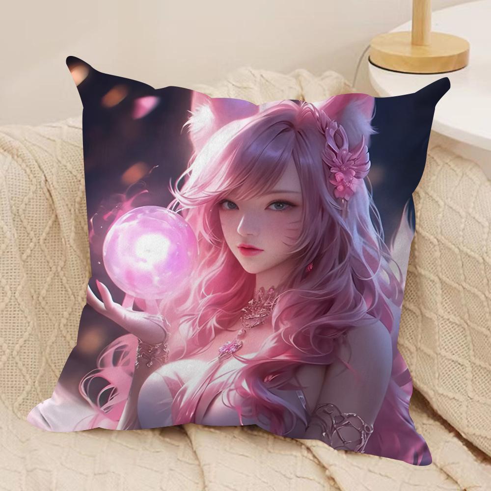 NineTailed Fox Girl Cushion Cover Silky Short Plush Invisible Zipper Dustproof Sofa Pillow Case for Home Decor