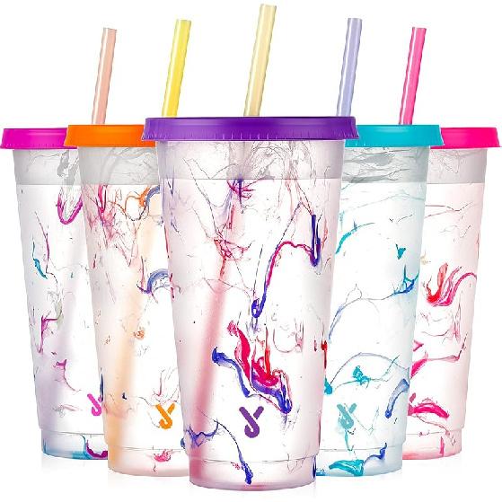 Meoky Color Changing Cold Cups with Lids and Straws - 5 Pack 24 oz Plastic Cute Tumblers Bulk, Reusable for Kids Women Party, Iced Coffee(Swirl)