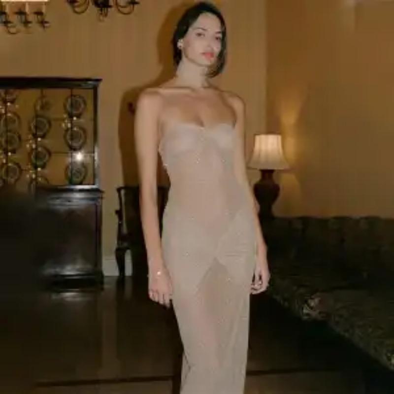 

Женское прозрачное сетчатое макси-платье без бретелек, однотонное, облегающее, для вечеринки, вечернее, длинное S абрикосовый