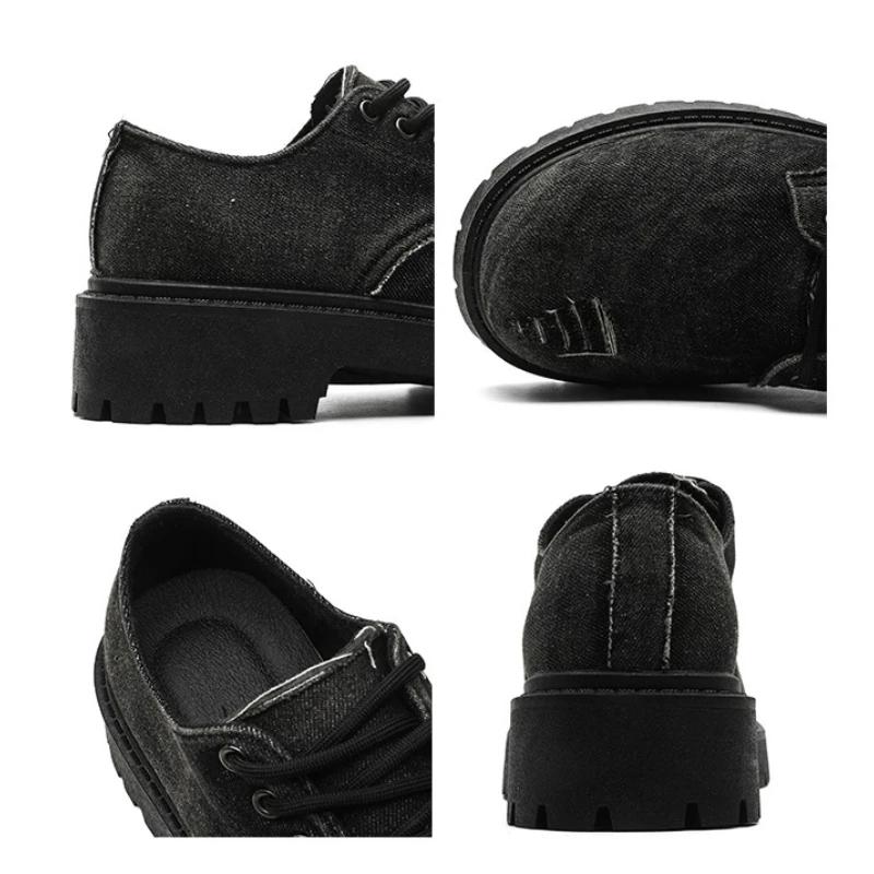 Leather Shoes for Men, Autumn New Style, Worn Denim Fabric Board Shoes, Fashionable Big Toe Thick Soled Casual Leather Shoes