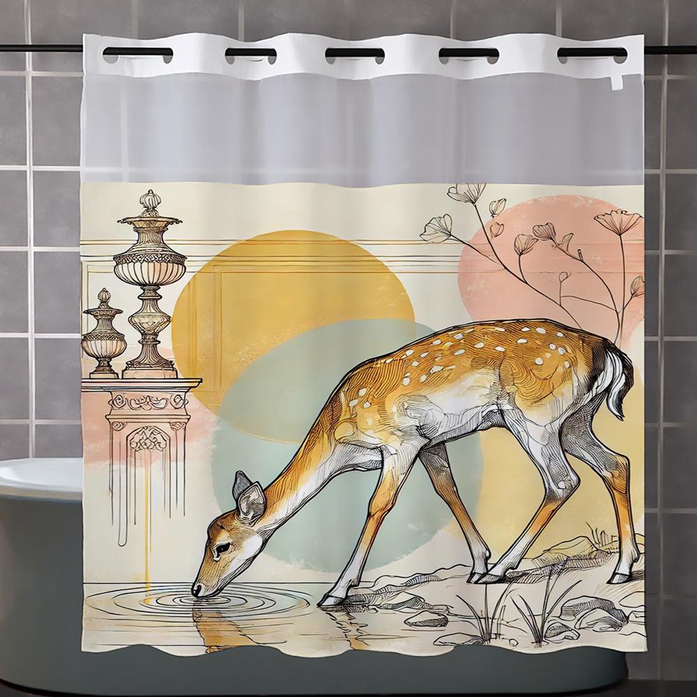 No Hook Sika Deer Pattern Shower Curtain With Snap-in Fabric Liner, Sheer Top Window, Waterproof Double Layer Bathtub Curtain