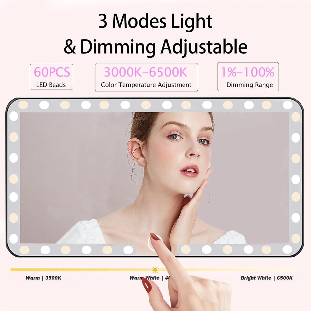 Car Sun Visor Vanity Mirror, 3 Light Modes & 60 LEDs, Rechargeable Dimmable Touch Screen Travel Makeup Mirror,Universal For Truck SUV-Car Accessories