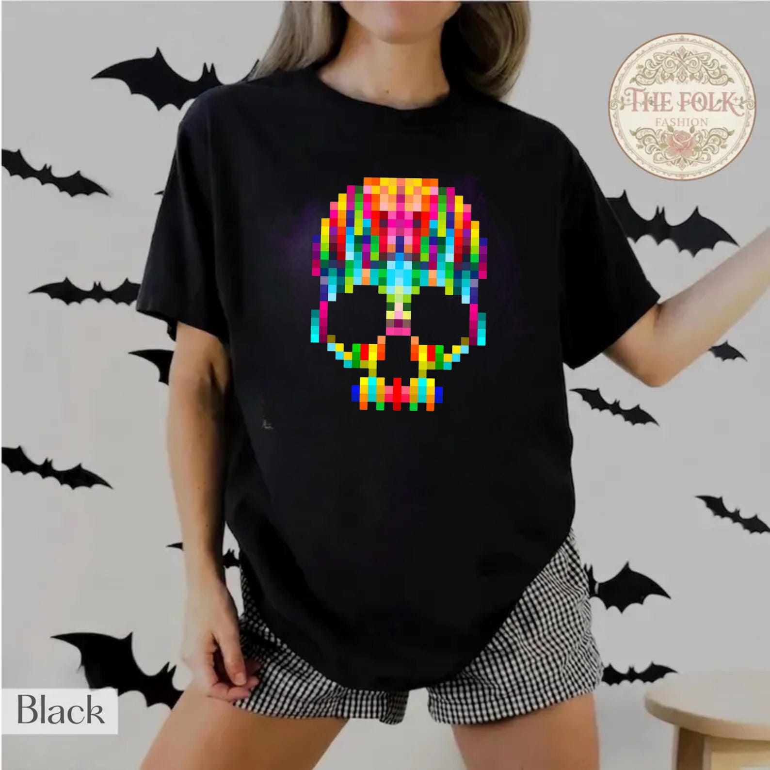Pixel Art Skull Shirt, Retro 8 Bit Skeleton Tee, Cyberpunk Rainbow T-shirt, Edgy Gamer Shirt, Skull Halloween Shirt, Unique Gen Z Shirt XL