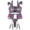 Embroidery Color Block Lingerie Set Women Mesh Underwire Bra Panty Garter Belt Set for Wedding Night Purple S
