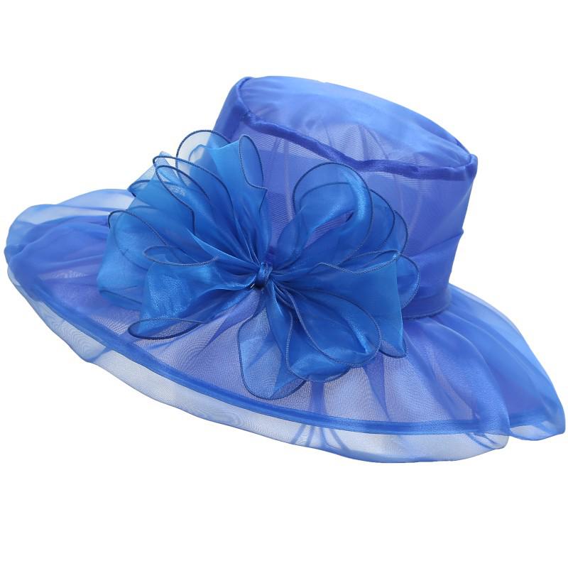

Women s Summer Wide Brim Mesh Hat with Bow and Large Flower Design - Foldable Retro Sun Hat One Size королевский синий
