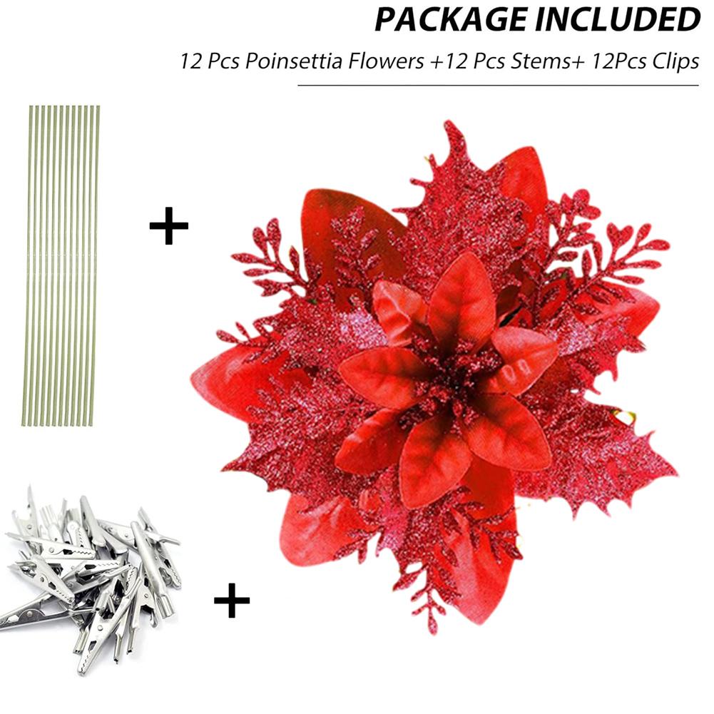 12Pcs Christmas Poinsettia Christmas Tree Flowers Ornaments Decorative Glittery Flowers Decorations with Clips for Home Decor