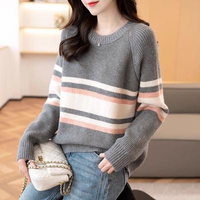 Korean Autumn/winter Round Neck Sweater for Women Versatile Loose Striped Top Knitted Sweater