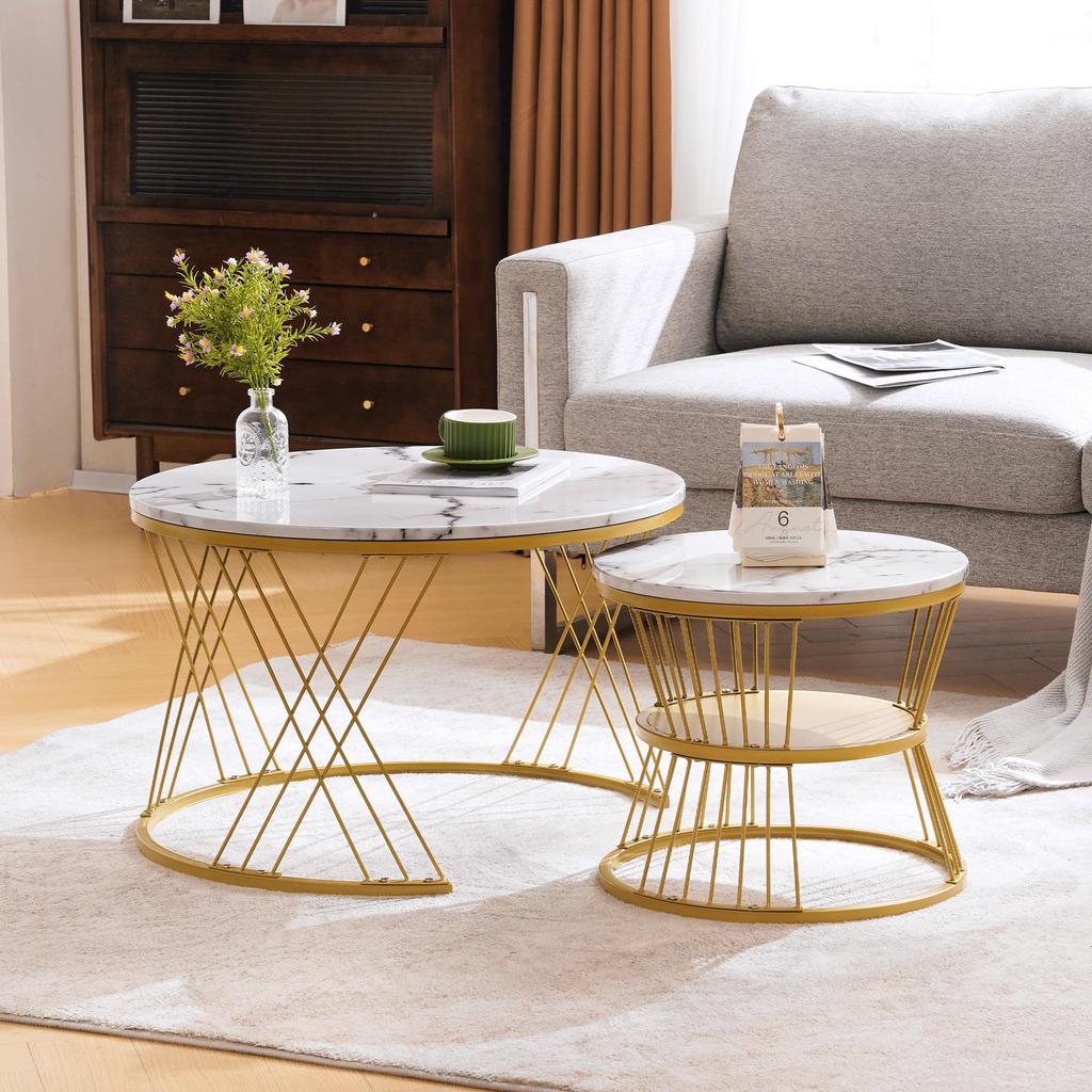 Flieks Coffee Table Set of 2, High-Gloss Living Room Table with Storage, for Living Room and Balcony - Metal Frame, Gold and White