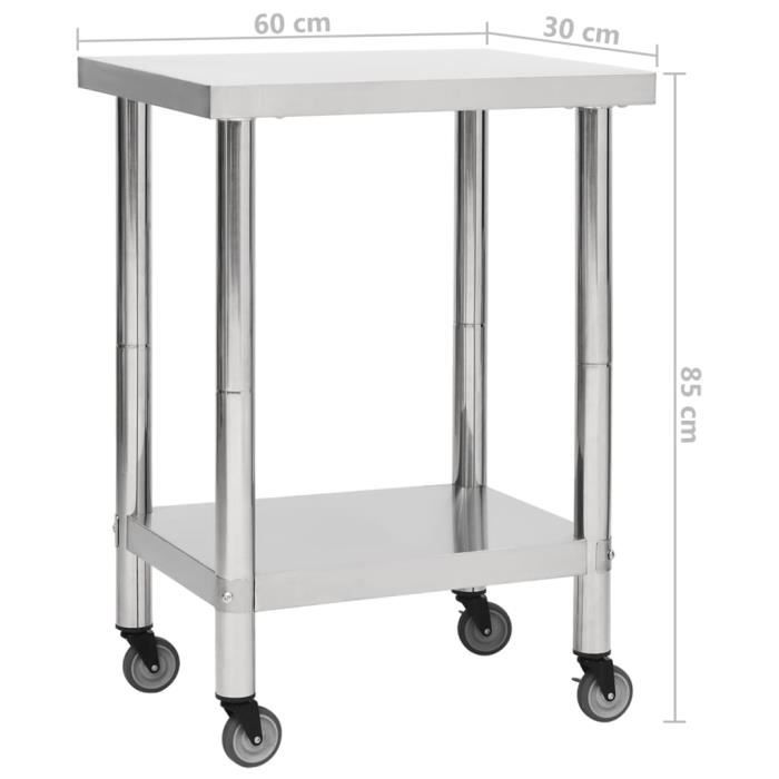 VidaXL Table de travail de cuisine avec roues 60x30x85 cm Inox