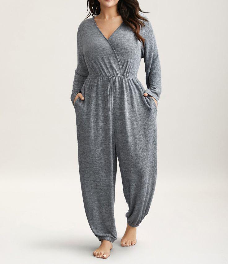 

Plus Size Women s Deep V-Neck Waist-Cinching Jumpsuit with Lace-Up Detail 2XL