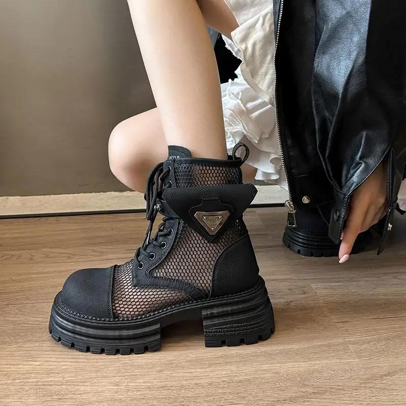 Fashion Punk Metal Decoration Breathable Mesh Boots Women 2025 Summer Chunky Platform High Heel Ankle Boots Fashion Thick Bottom Shoes