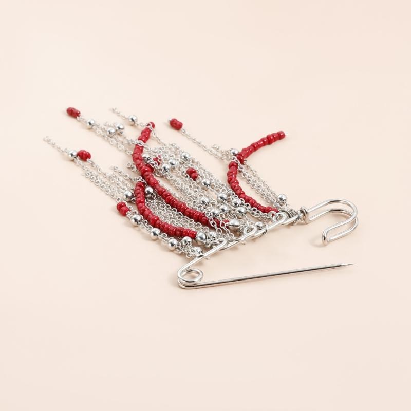 Retro Brooch Pin with Red Bead Accent and Flowing Tassels Detail Multi Chain Detail Alloy Corsage Stylish Enhancement