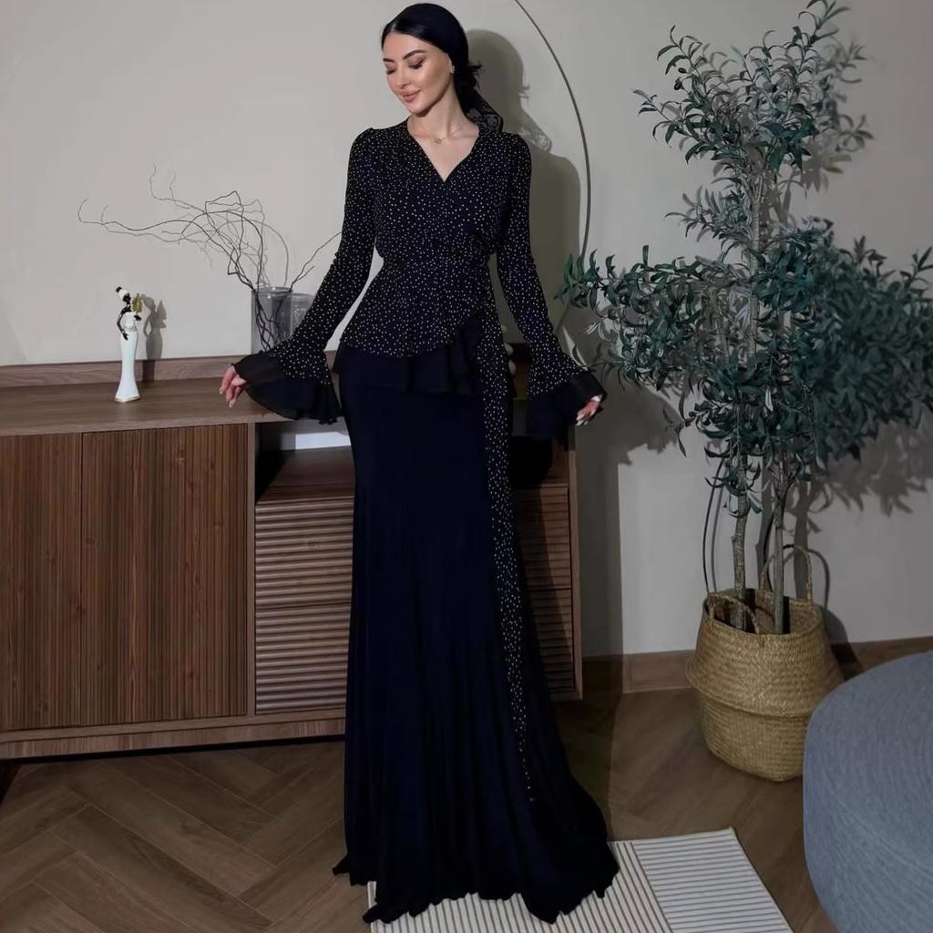 Cross-border European and American Women's Clothing  Amazon Sexy V-neck Light Luxury Long-sleeved Temperament Lace-up French Top Skirt