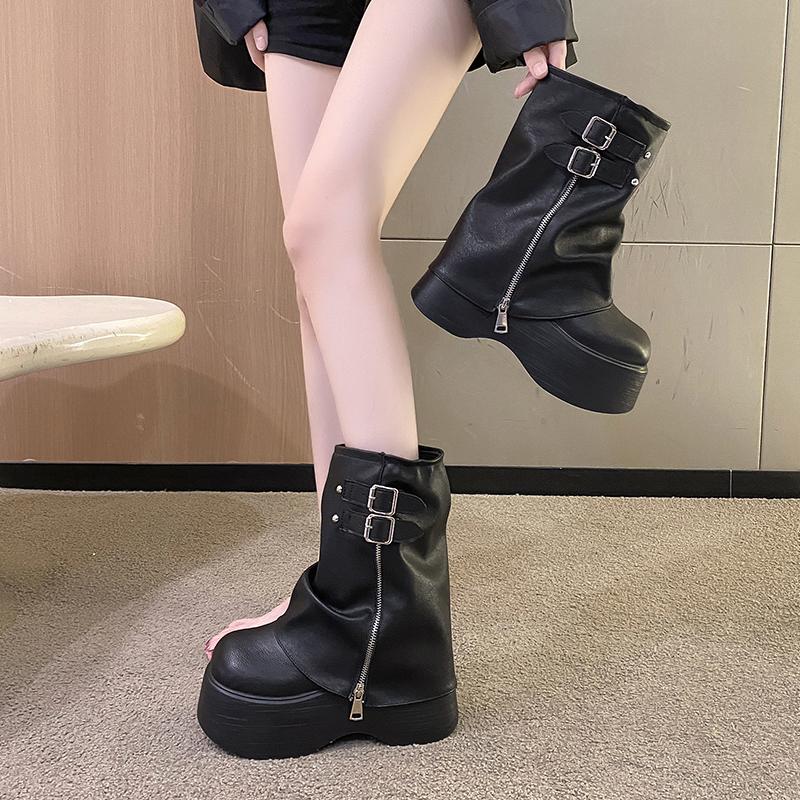 Fashion 2025 Women's Leather Ankle Boots Autumn Winter 9cm Heels Chunky Sneakers Short Boots Woman Zip Motorcycle High Platform Botas