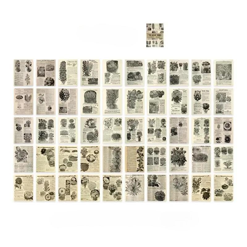 50 Pcs Vintage Washi Paper Stickers Set Old Times Newspaper Stamp Plants Decorative Sticker for Diy Journal Diary Scrapbook