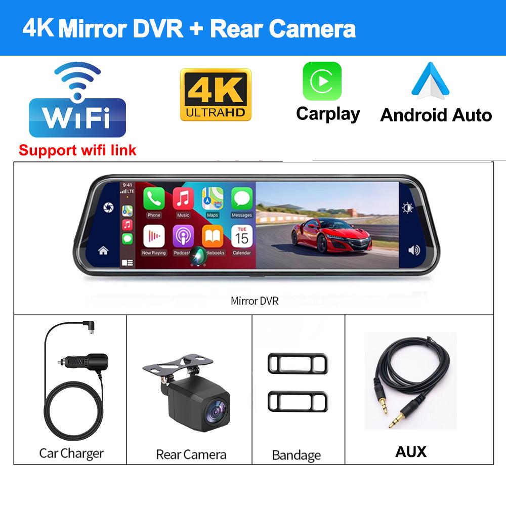 10 Inch 4K Car DVR Wireless Carplay Android Auto Dash Cam for Car DVR Dual Video Recorder Rear View Mirror Camera 5G Wifi GPS