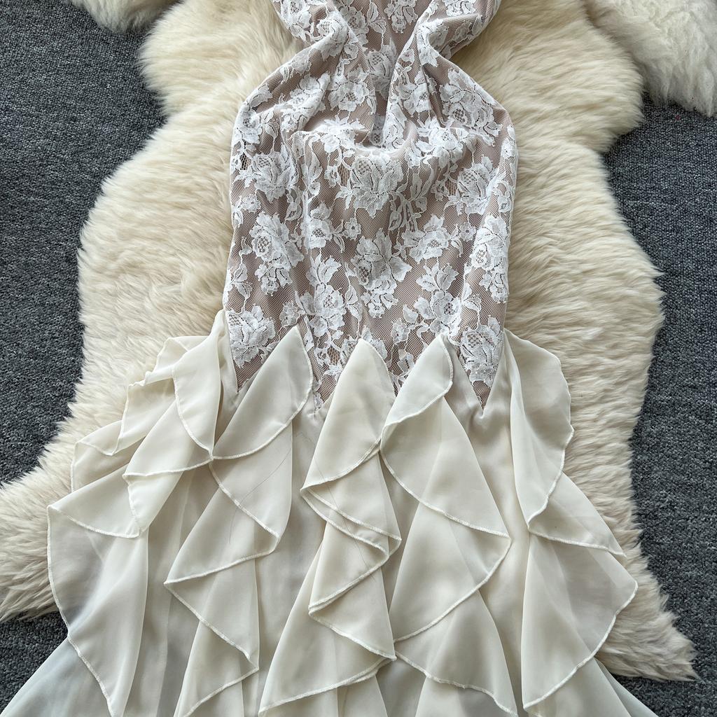 Summer Women Elegant Spaghetti Strap Open Back Lace Long Maxi Party Fishtail Dresses