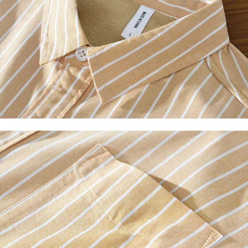 Winter Warm Men Tops Daily Casual Long Sleeve Striped Shirts for Men Pure Cotton Men Clothing Lapel Collar Fleece Shirt with Pocket