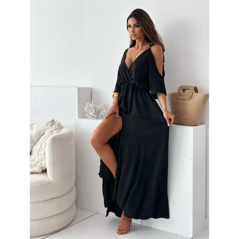 IHUASU Women's Fashion Summer Spring Solid Color Print V-Neck Short Sleeve Casual Dresses