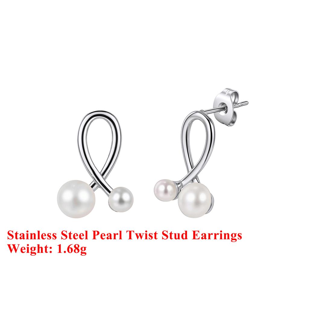 Effie Queen Stainless Steel 18k Gold Pearl Twist Style Stud Earrings Simple Jewelry for Women, Men Wedding Party Banquet STPE02