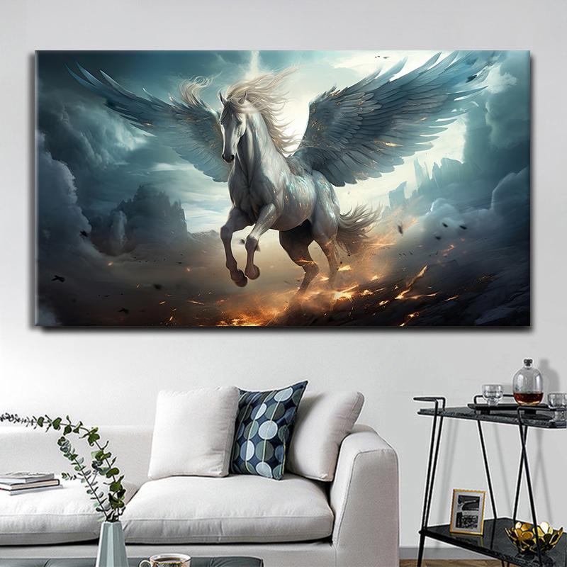 Abstract Horse Pegasus with White Wings Flying Horse lightnings Canvas Painting Magic Horses Posters Prints Living Room Decor
