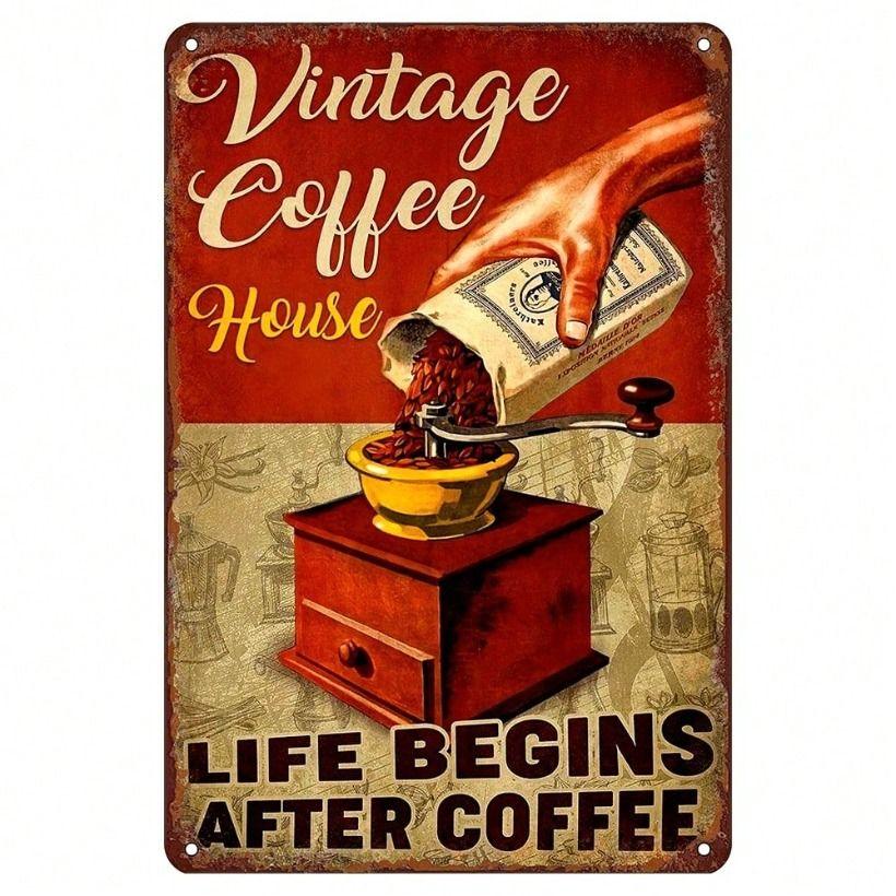 Wall Art Metal Poster Life Begins After Coffee Retro Sign Inspirational Kitchen Decor