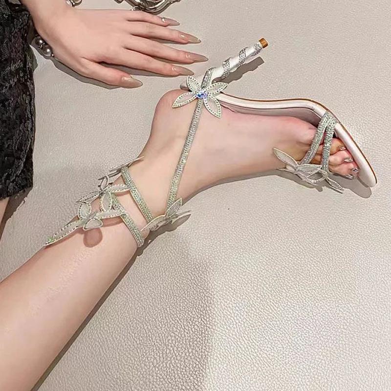 Fashion Eilyken Street Style Crystal Butterfly-knot Ankle Strap Woman Sandals Sexy Open Toe Stiletto High Heels Banquet Party Shoes