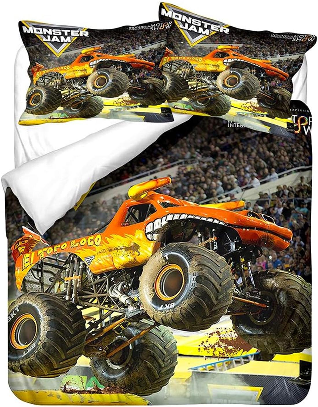 

Cartoon Monster Truck Duvet Cover Sets,Soft Comfortable Breathable Bedding Set with Pillowcases Zipper for Kids Boys Girls 90x200cm