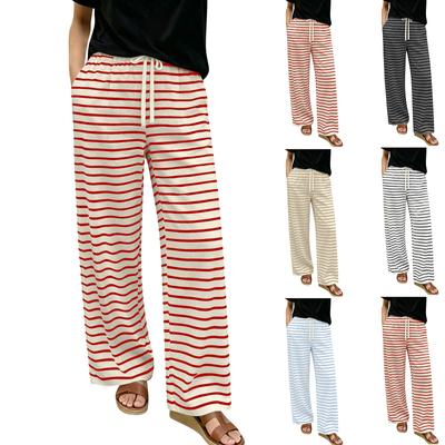 Women's Casual Striped Drawstring Wide Leg Pants - Elastic Waist, Soft & Comfortable Fit