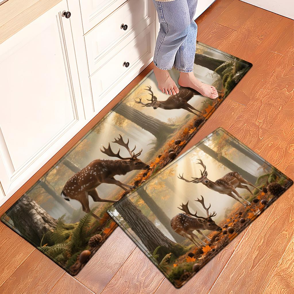 1 Stück Anti-Ermüdungs-Küchenteppiche, Plüsch Hirsch Wald Druck Wasserdicht Rutschfest Dick Gepolsterte Küchenmatte Hochbelastbare Komfort-Stehmatte für Küche