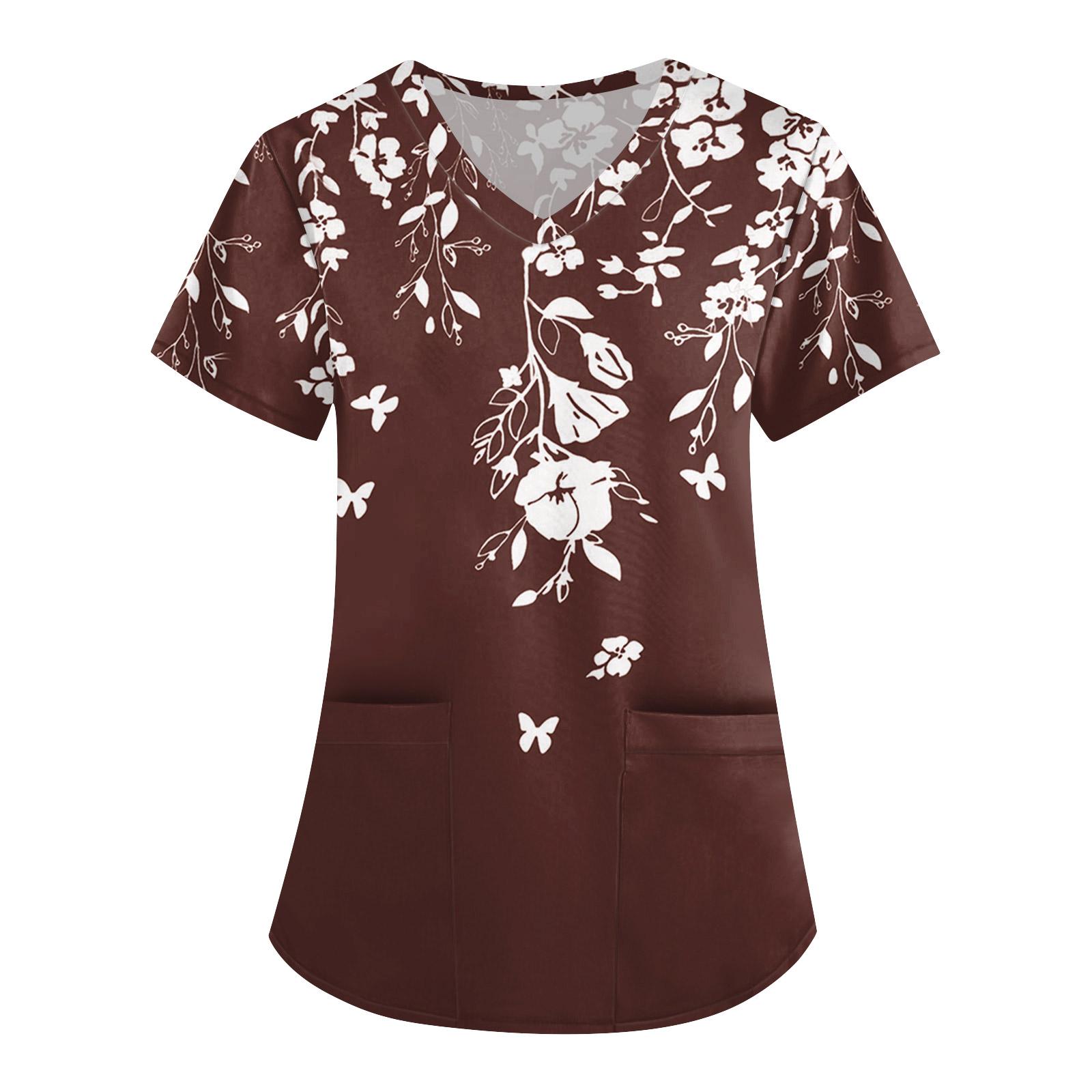 

Женская симпатичная принтованная рабочая одежда с V-образным вырезом, двухслойными карманами, базовым коротким рукавом, пуловером ко Дню святого Валентина XL винный