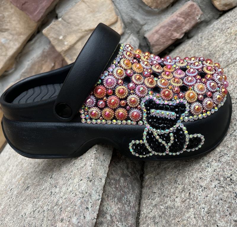 Fashion Summer Bear Decoration Thick Bottom Handmade Inlaid Pearl Sandals  New Pink and Blue Sweet Girl Beach Hollow  Out Slippers 40-41