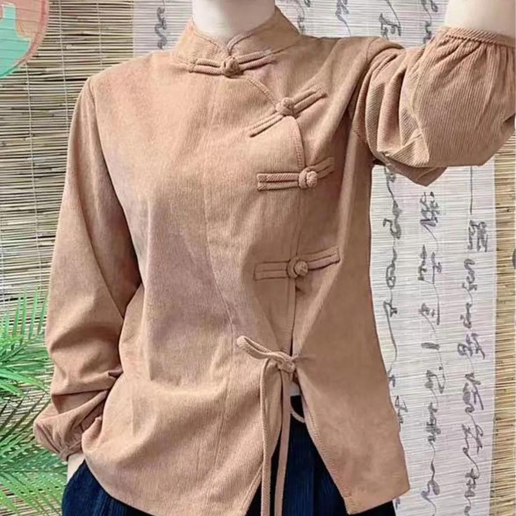 Female spring and autumn Vintage Corduroy Shirt with Slanted Collar Solid Color Chinese Literary Style Top