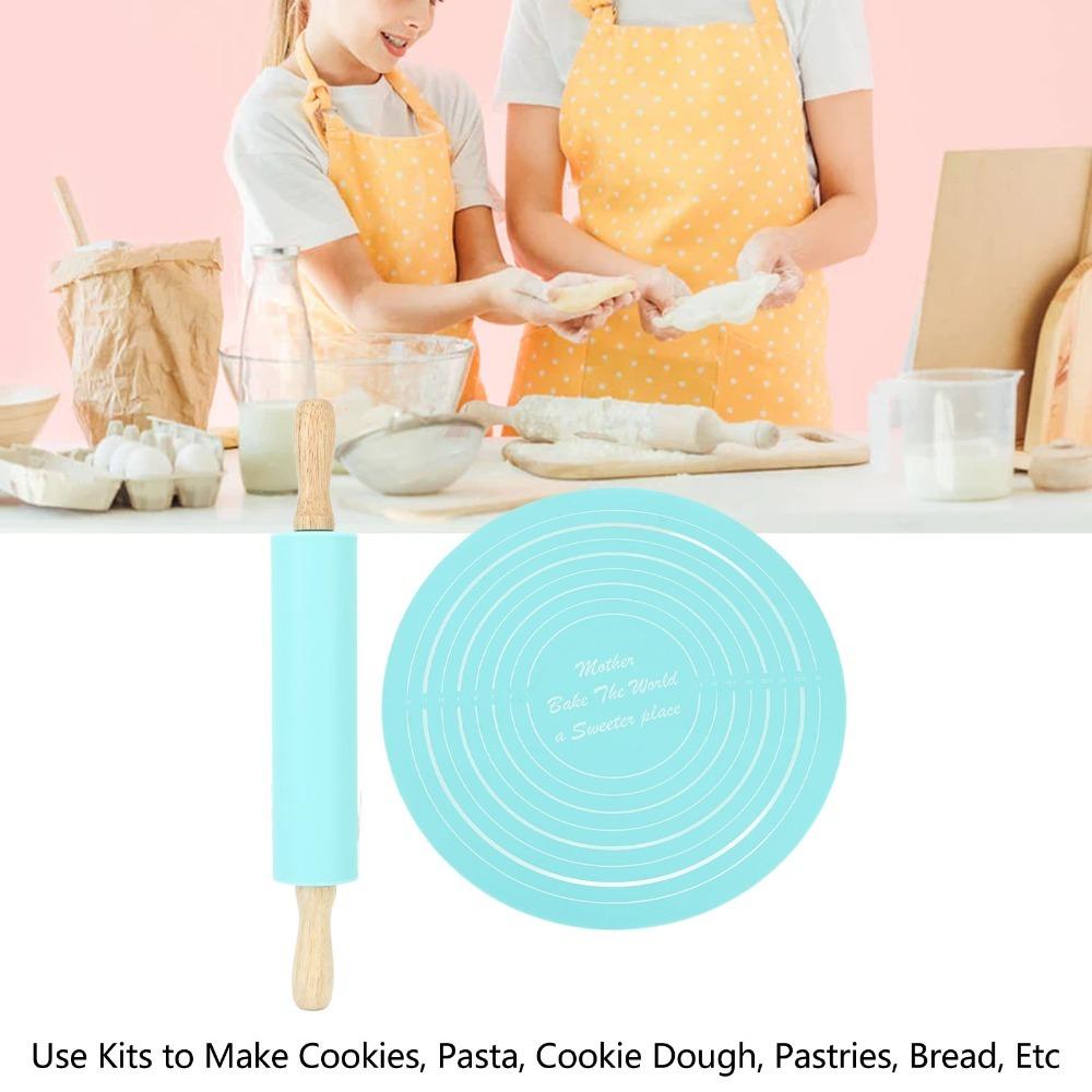 2PCS Wooden Handles Silicone Rolling Pin Silicone Baking Tool Set Pastry Baking Mat Home Baking