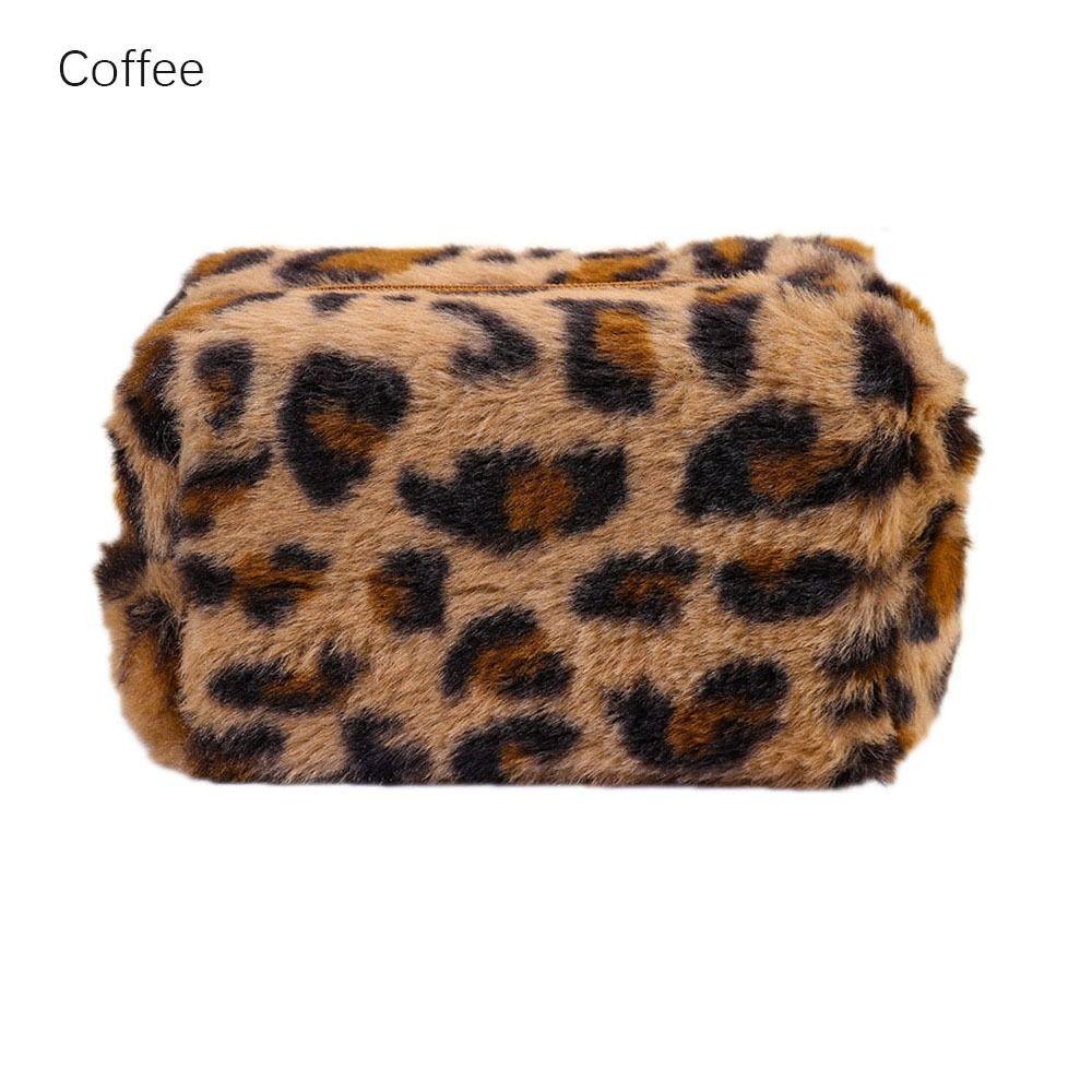 Large Capacity Leopard Print Plush Makeup Bag Cosmetic Storage Bag Zipper Toiletry Bag Wash Pouch Travel Organizer