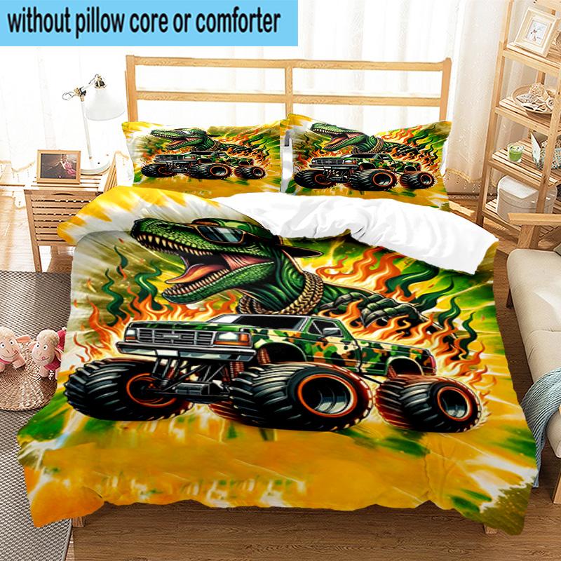 Electric Monster Truck Art 3pcs Bedding,Including 1pc Duvet Cover And 2pcs Pillowcases Perfect for Christmas,Ideal for Bedroom, Dormitory
