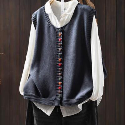 Women Vintage Pullover Sweaters Solid Color O-Neck Sleeveless Knitted Autumn Loose Casual Sweaters